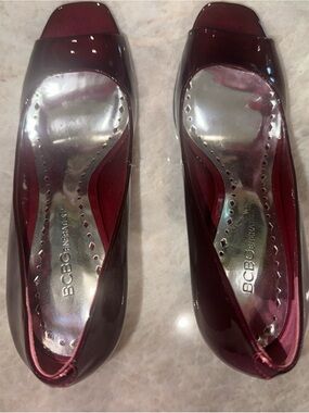 BCBG Burgundy Patent Leather Peep-Toe Heels